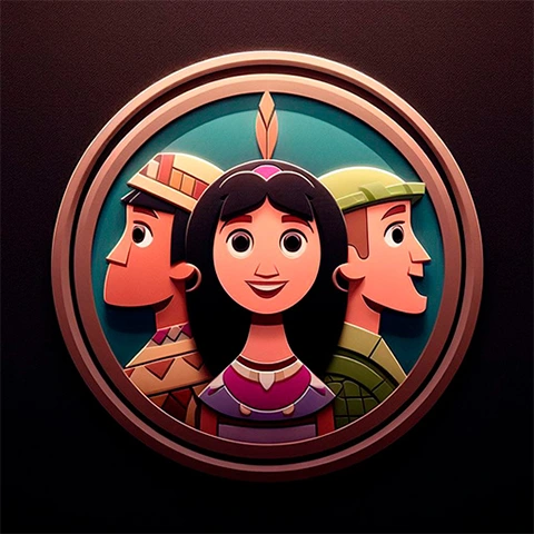  Logo do jogo Civilization Quiz, que é formado por um circulo com 3 pessoas com roupas antigas